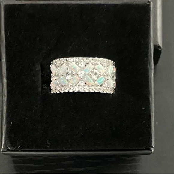 Sterling silver lab created opal and white sapphire X ring - Picture 3 of 6
